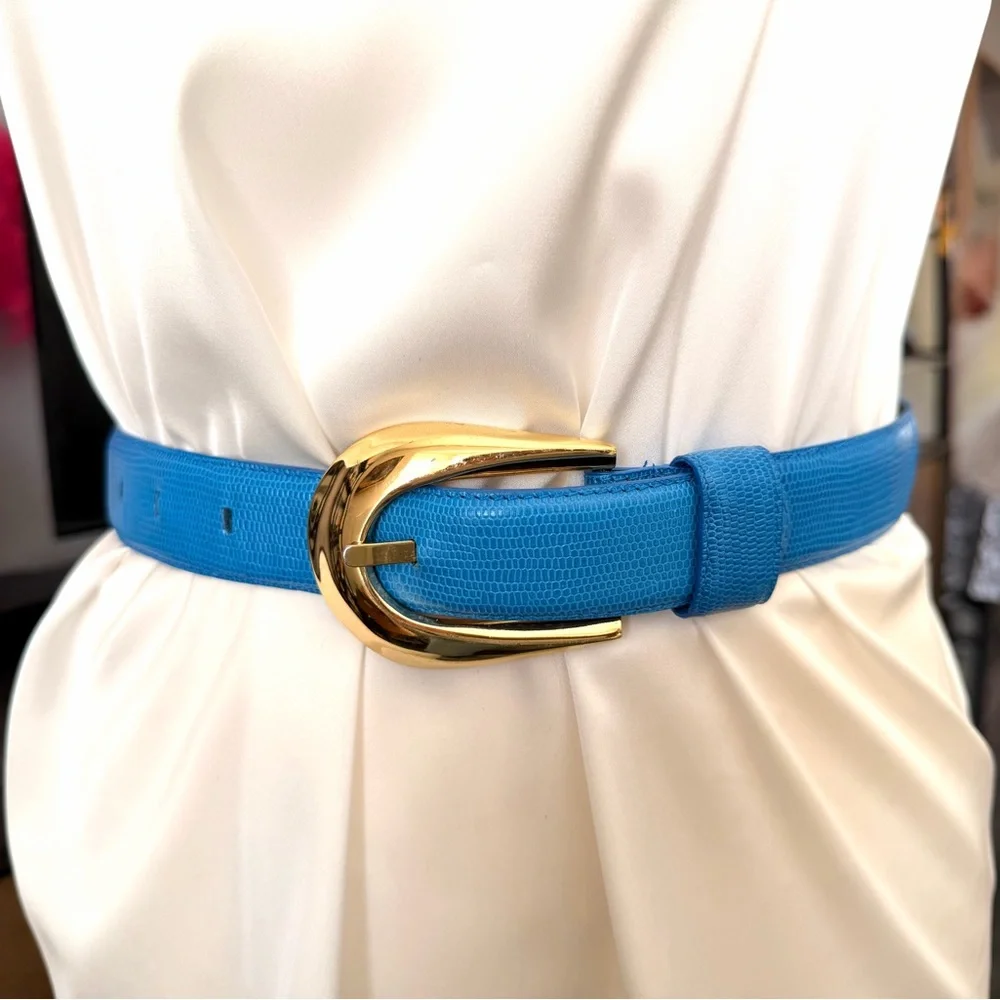 Liz Claiborne Blue Leather Belt with Gold Buckle